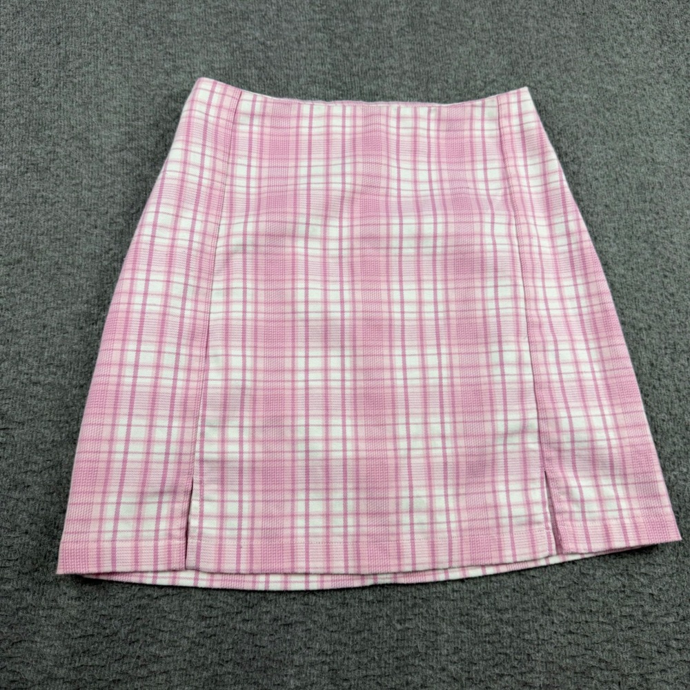 Brandy Melville Women's XXS Pink White Plaid Mini Skirt Front Slits Cara Skirt